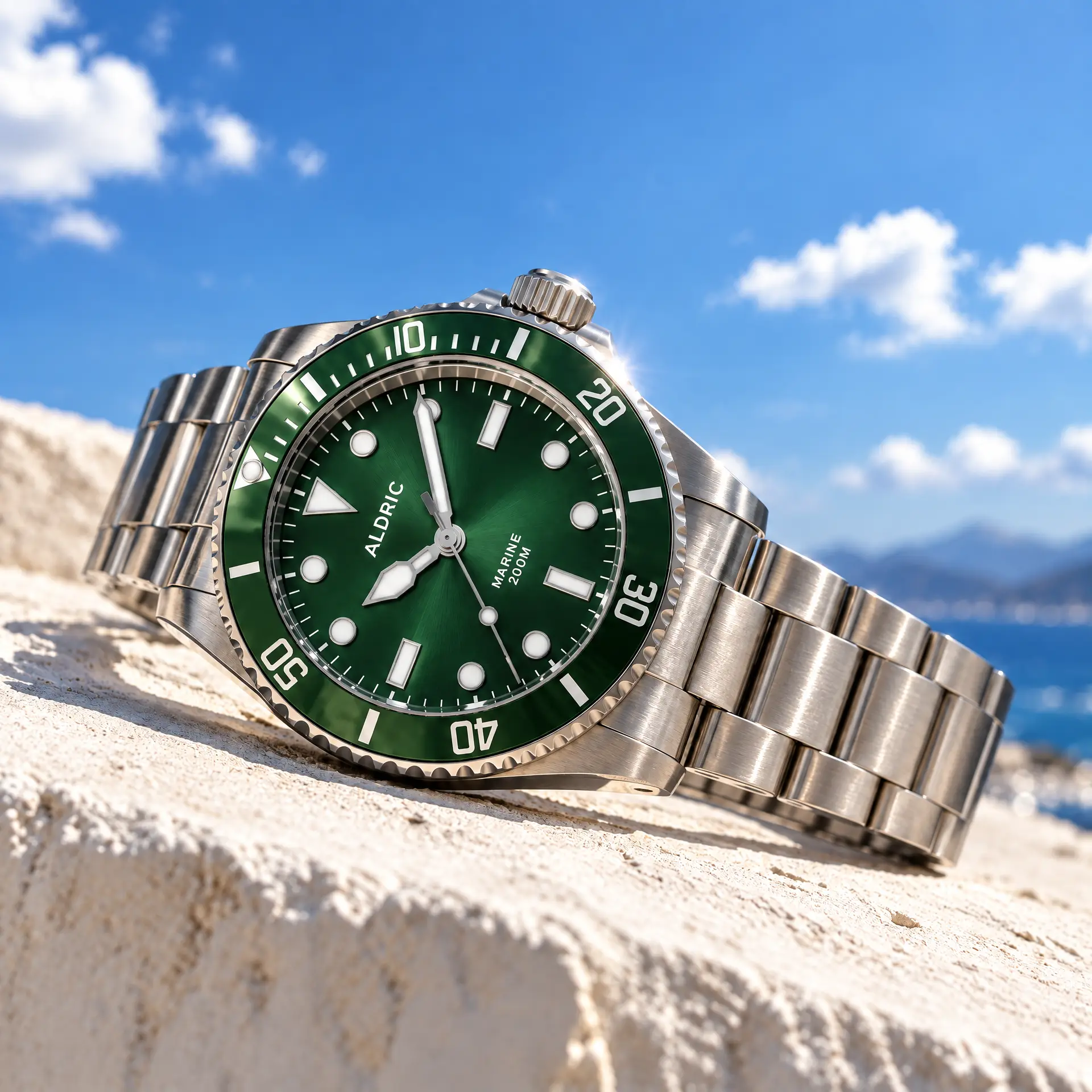 An Aldric Marine 40 dive watch lying on a white plaster ledge against a blue sky.
