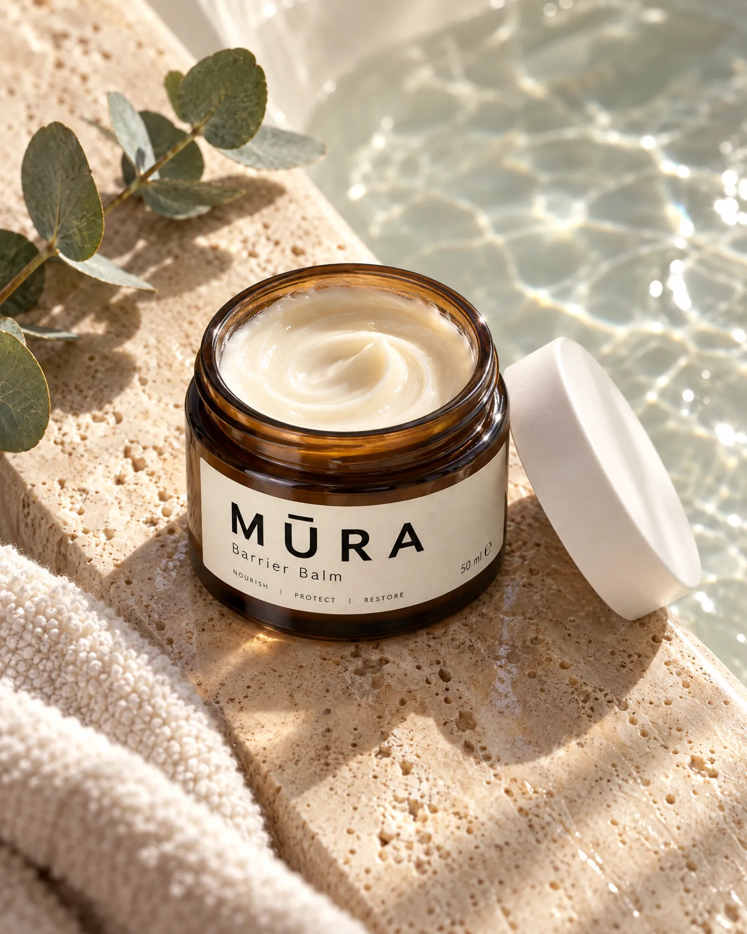 An open amber jar of barrier balm on the edge of a travertine bath in rippling water light.