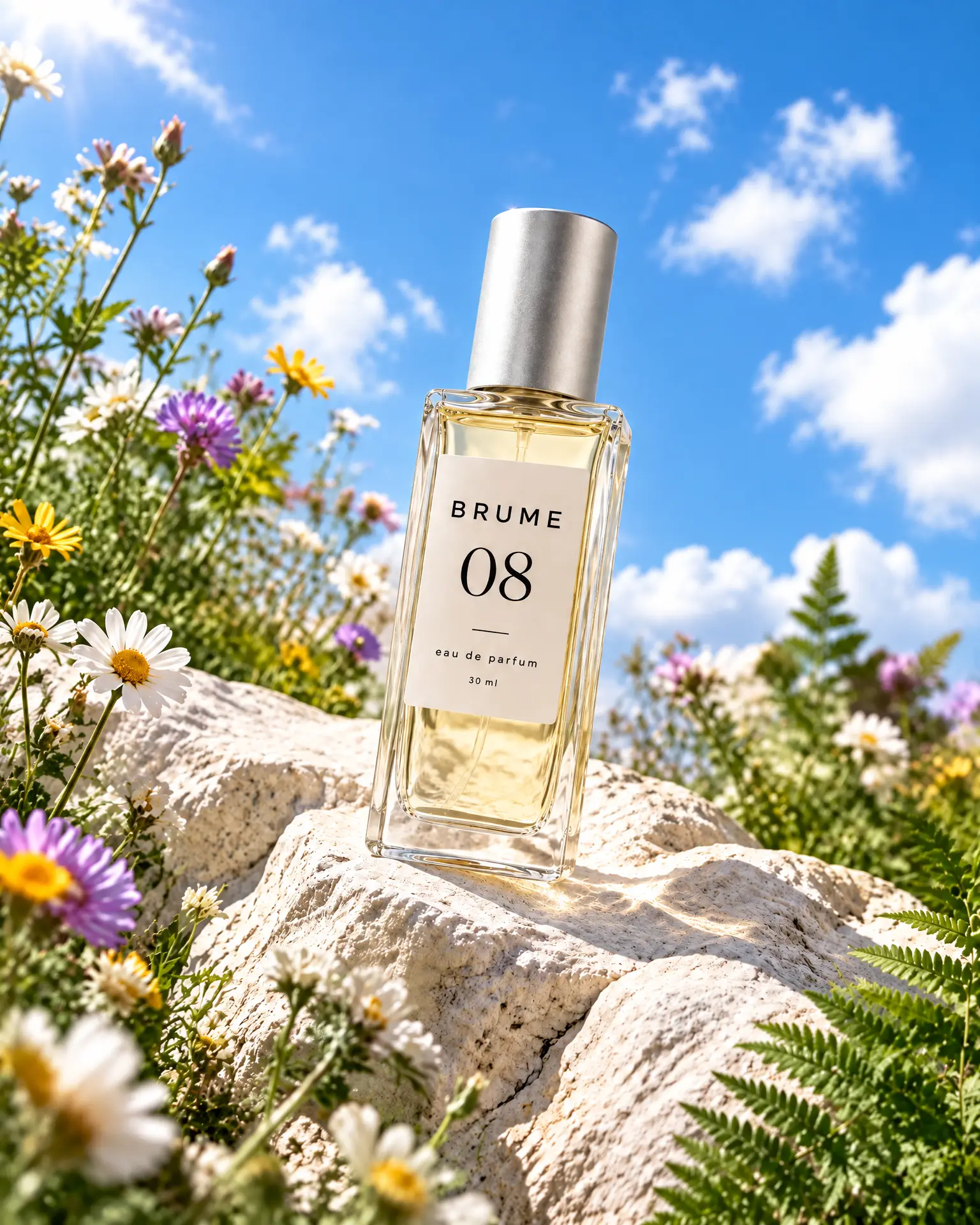 A Brume 08 perfume bottle on a white boulder among wildflowers under a blue sky.