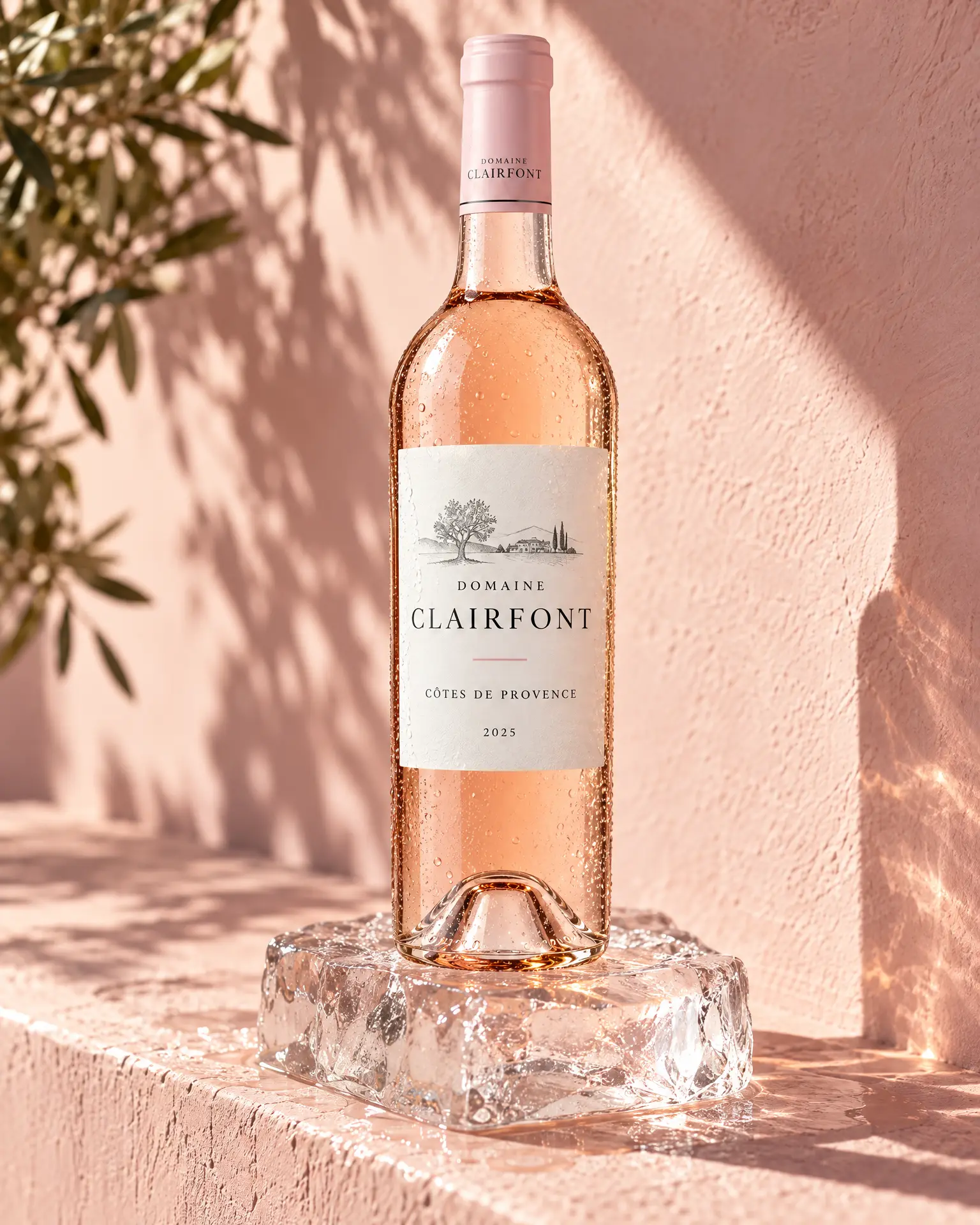 A rosé bottle on a block of ice on a pink plaster ledge in hard sun.