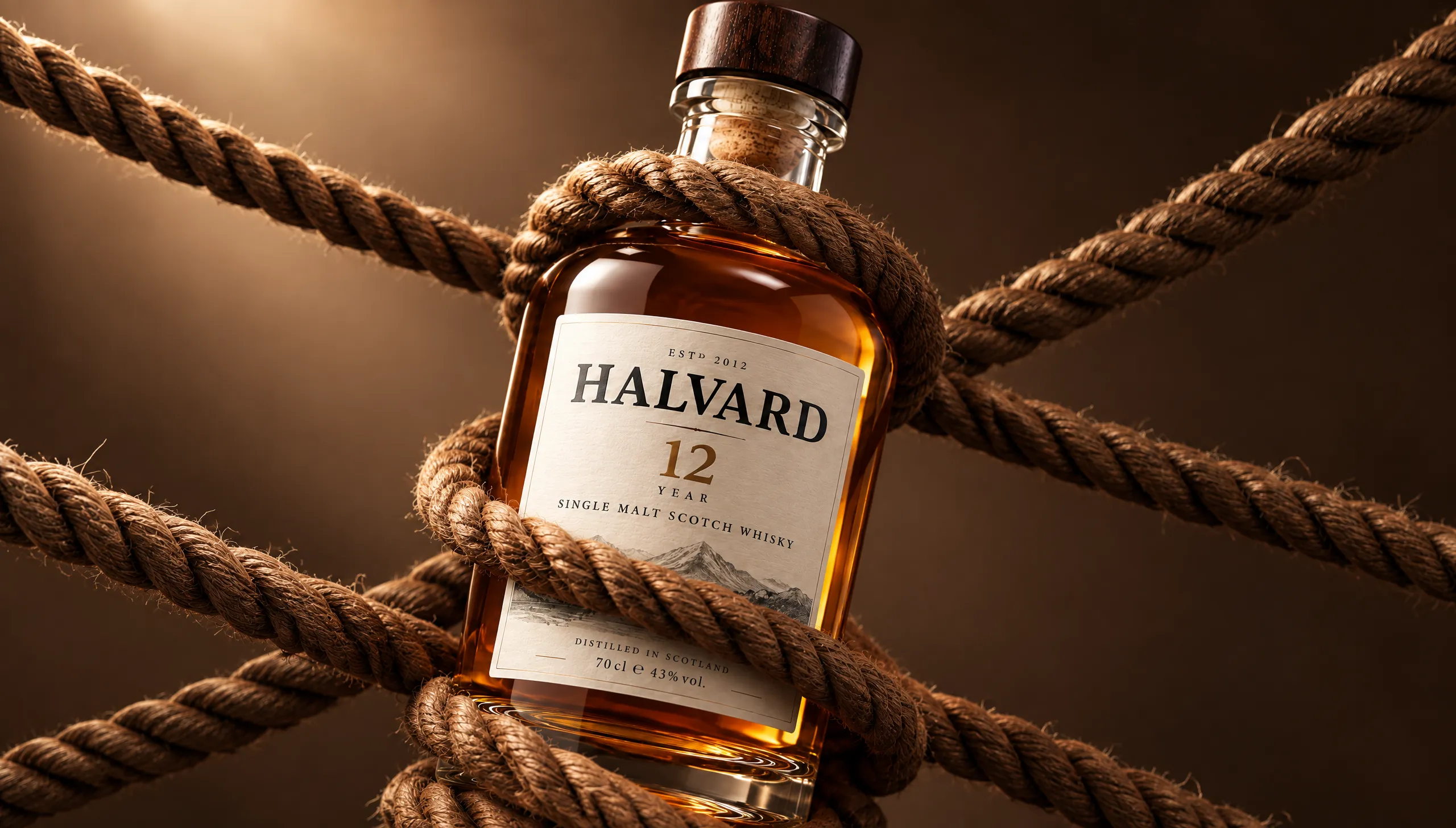 A Halvard 12 single malt bottle bound in coils of hemp rope on warm brown.