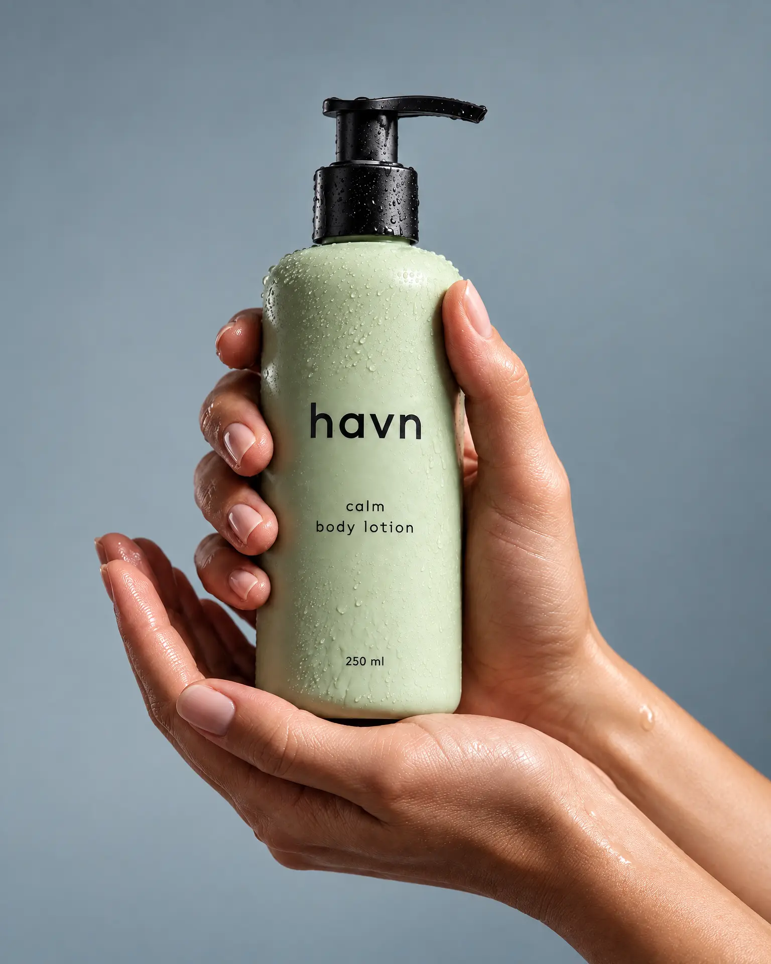 Two hands cradle a sage green Havn body lotion bottle on cool grey.