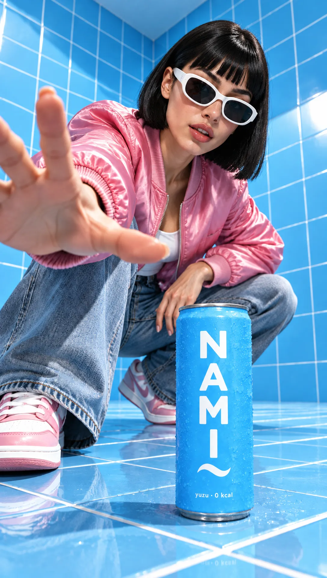 Odette reaches for the lens in a sky-blue tiled room, a Nami can large in front of her.