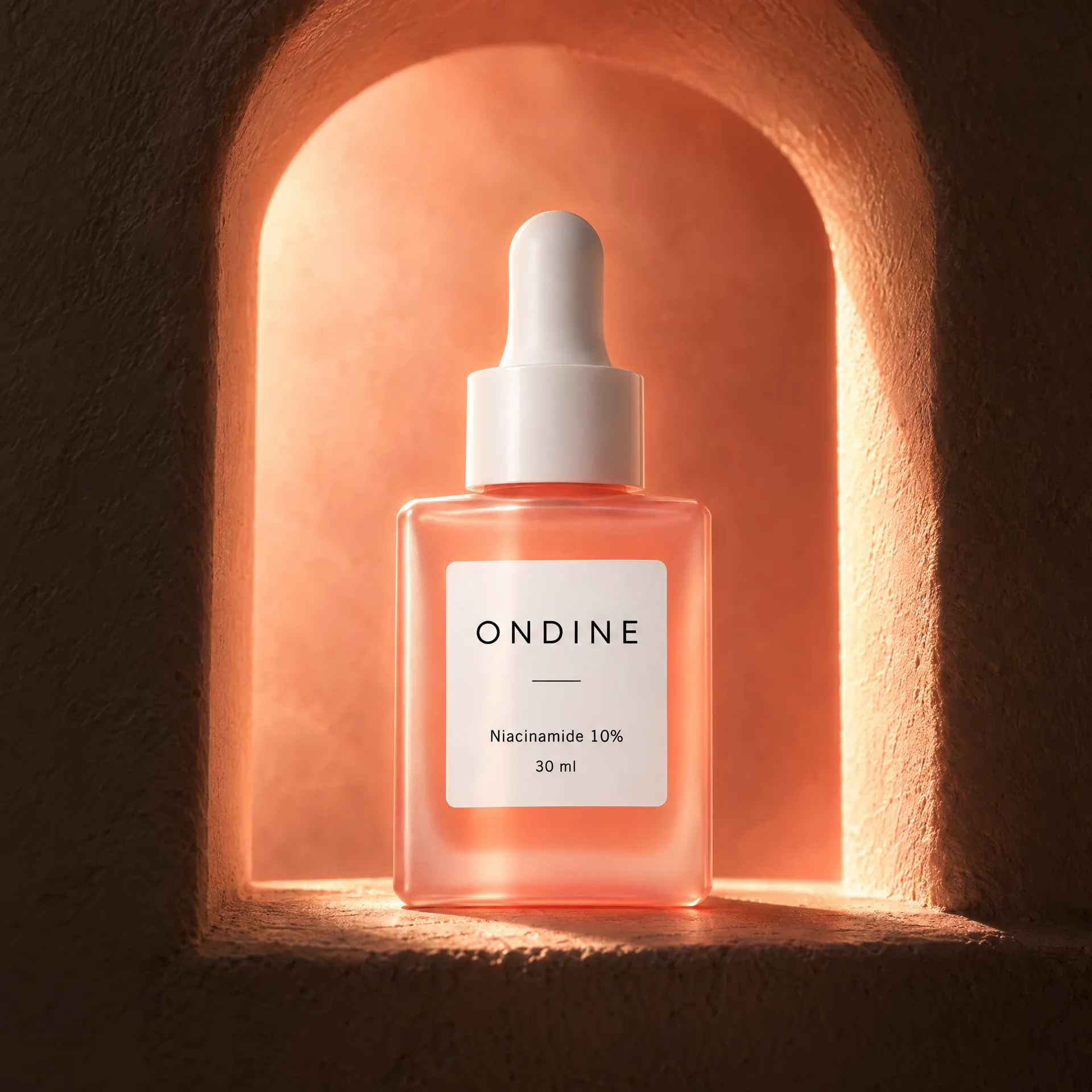 A frosted coral serum bottle glowing in an arched plaster niche.