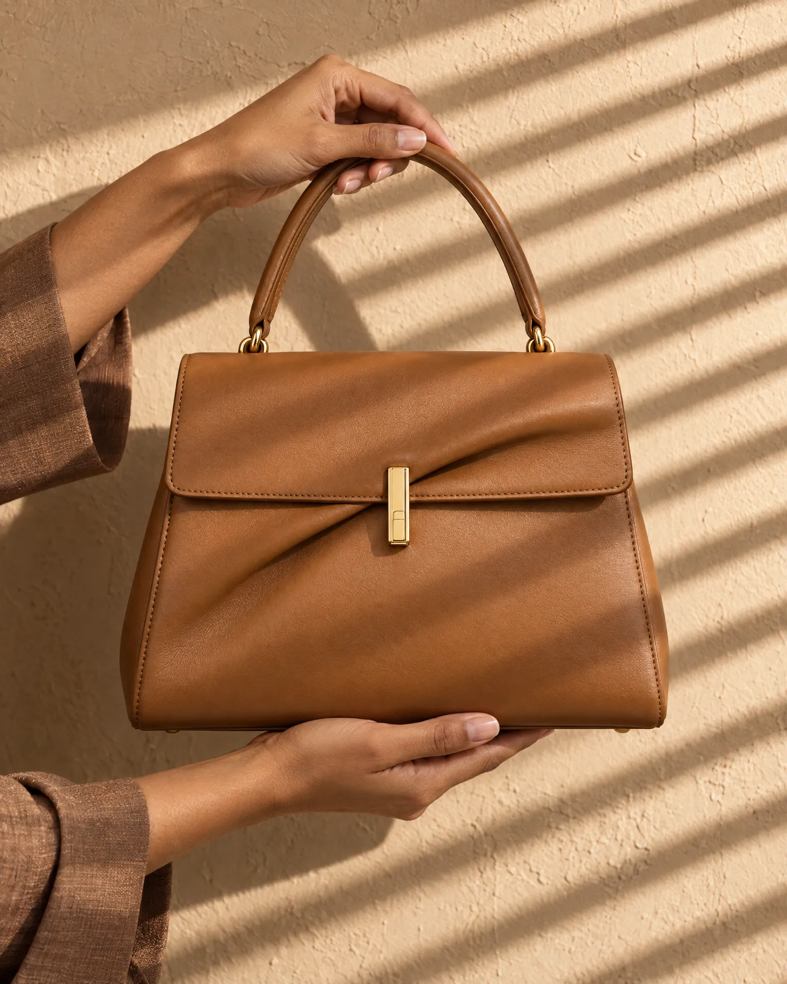 Two hands hold a caramel top-handle bag against a plaster wall striped by window-blind sun.