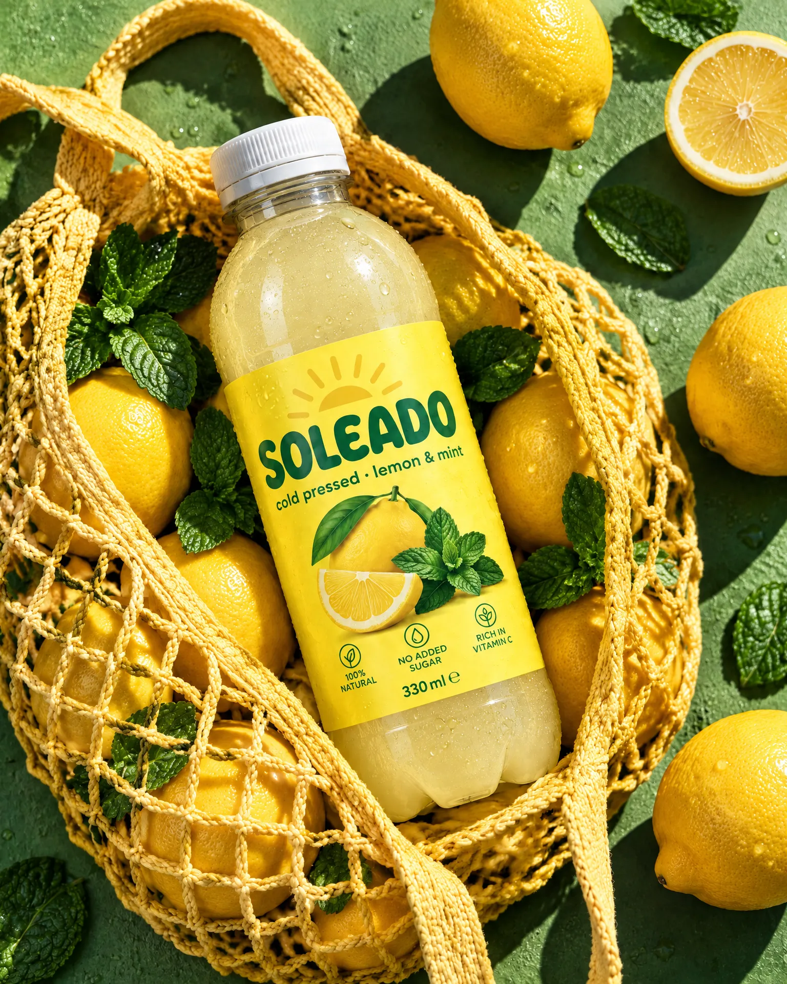 A bottle of Soleado lemonade in a yellow net bag of lemons on green.