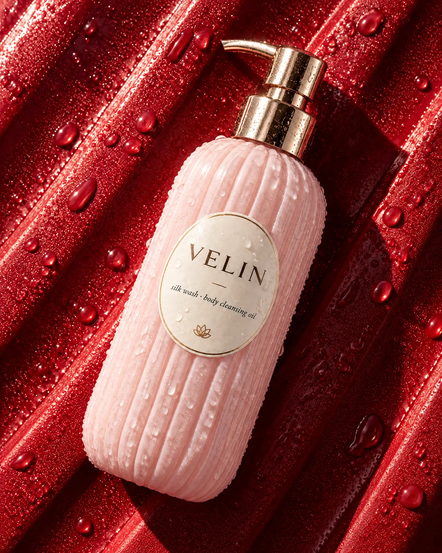 A pink ribbed Velin body wash bottle lying on wet red ribbed rubber in hard sun.