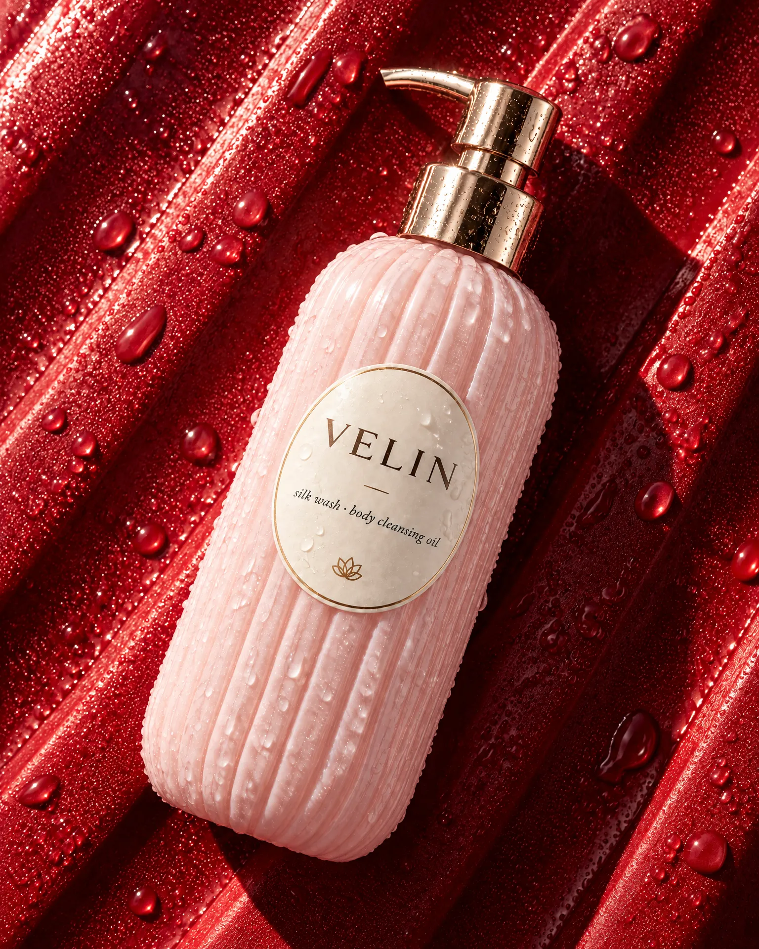 A pink ribbed Velin body wash bottle lying on wet red ribbed rubber in hard sun.