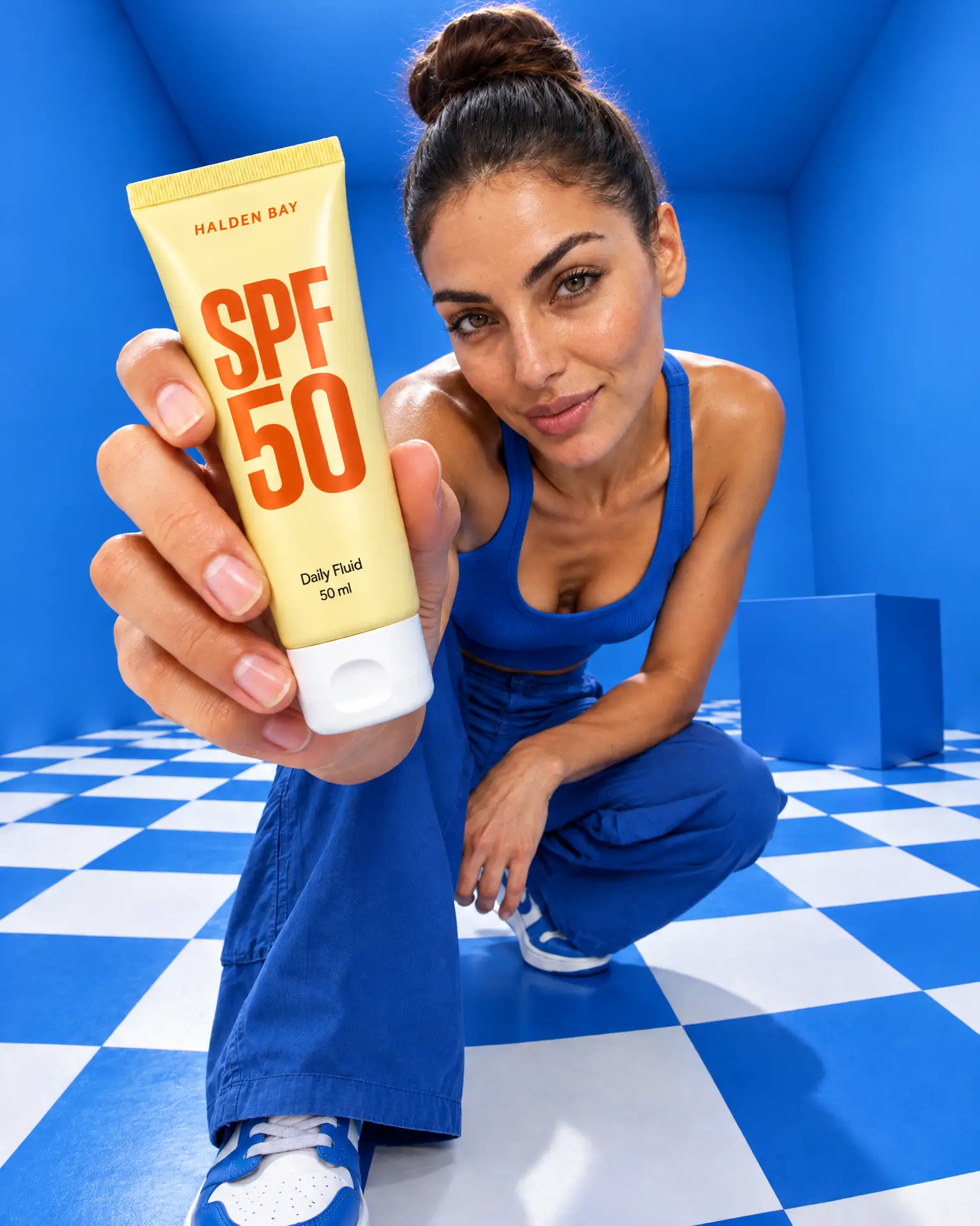 Leila in cobalt blue crouches in a blue checker room, holding a yellow SPF 50 tube out to the lens.