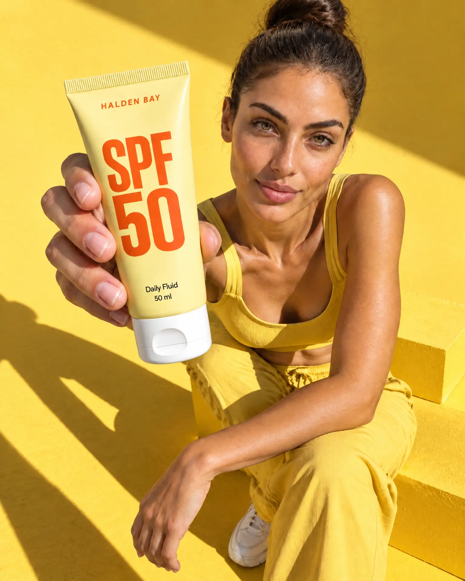 Leila in sunny yellow sits on a yellow set in hard sun, holding a yellow SPF 50 tube out to the lens.