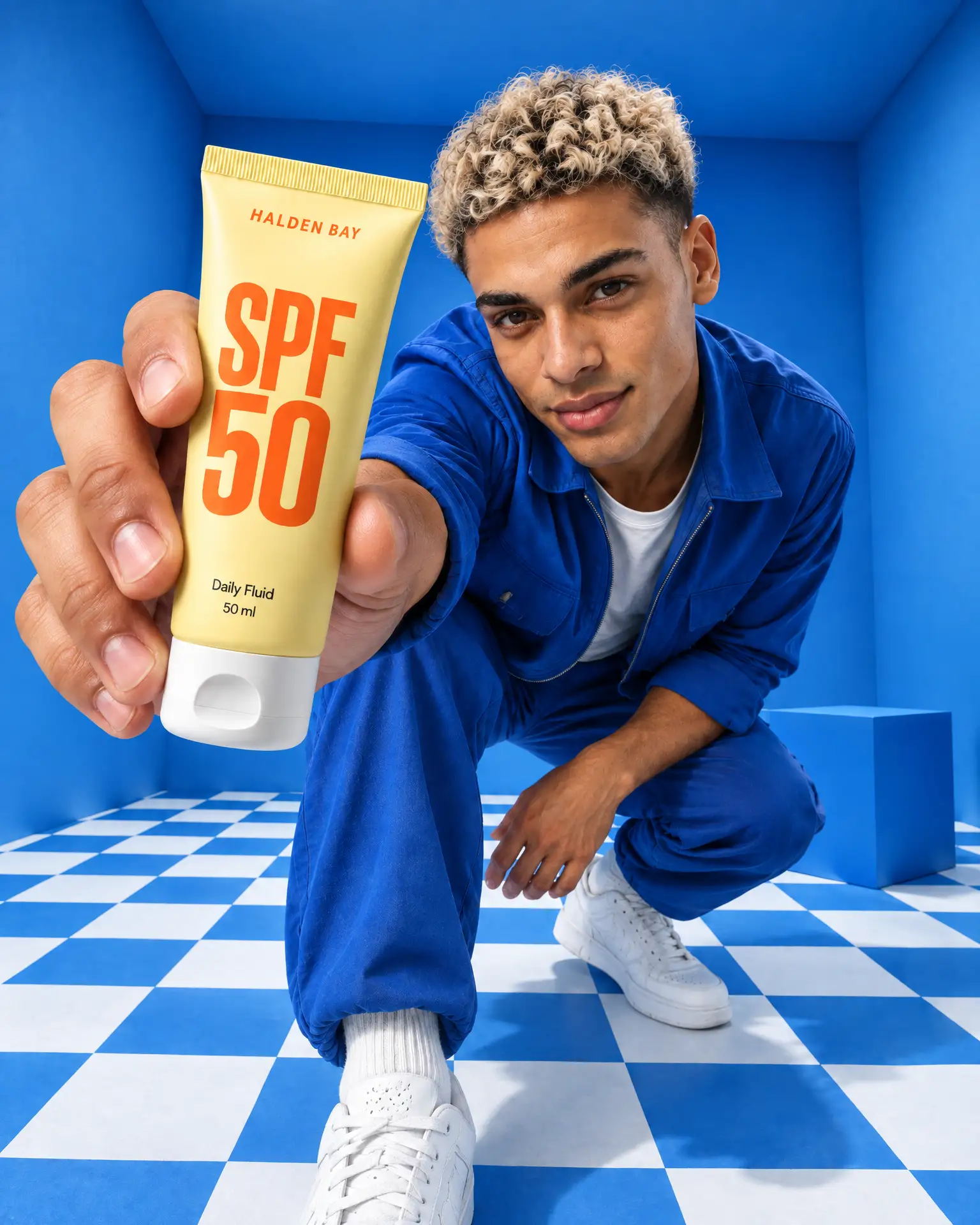 Nico in a cobalt jacket crouches in a blue checker room, holding a yellow SPF 50 tube out to the lens.