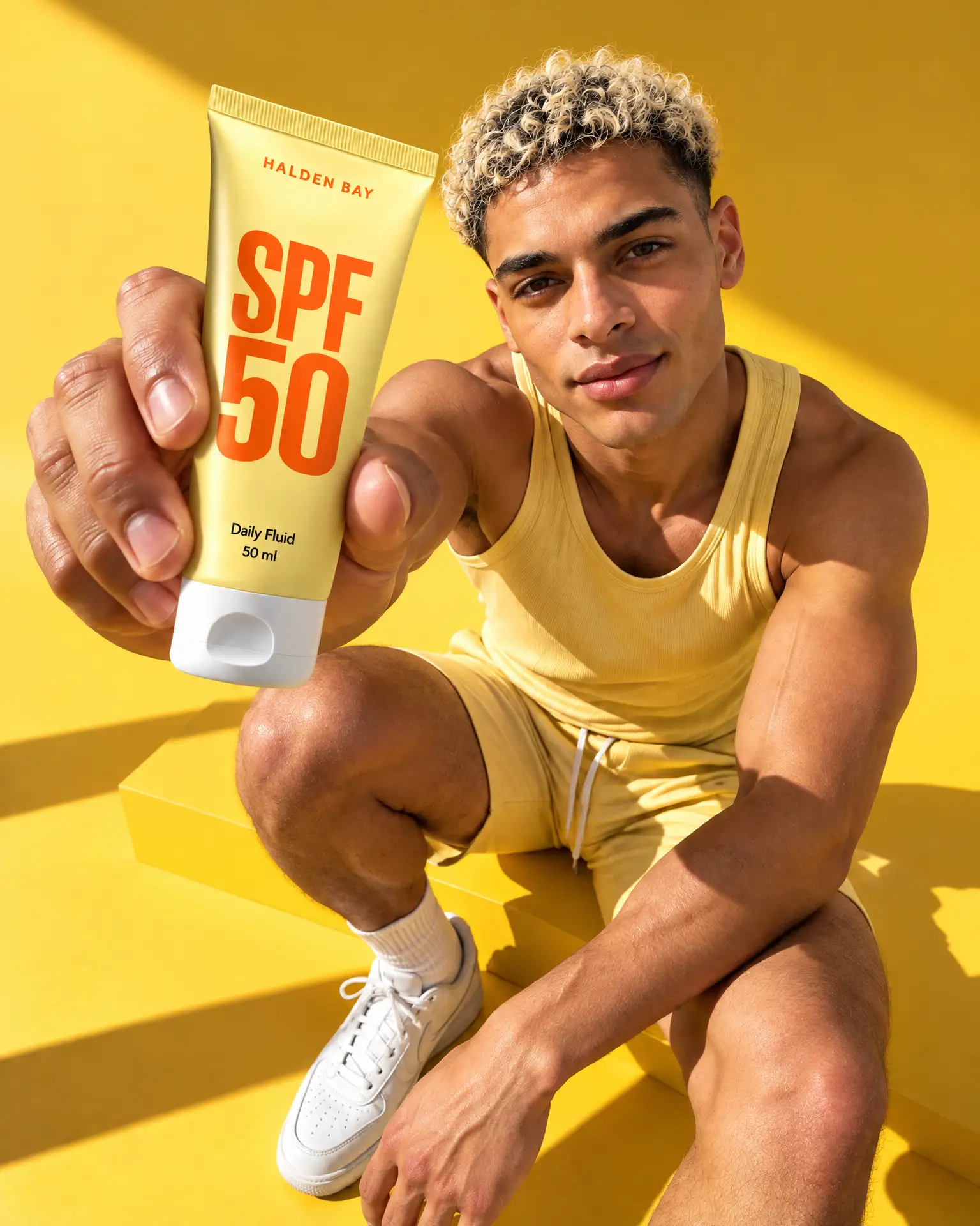 Nico in a yellow vest sits on a yellow set in hard sun, holding a yellow SPF 50 tube out to the lens.