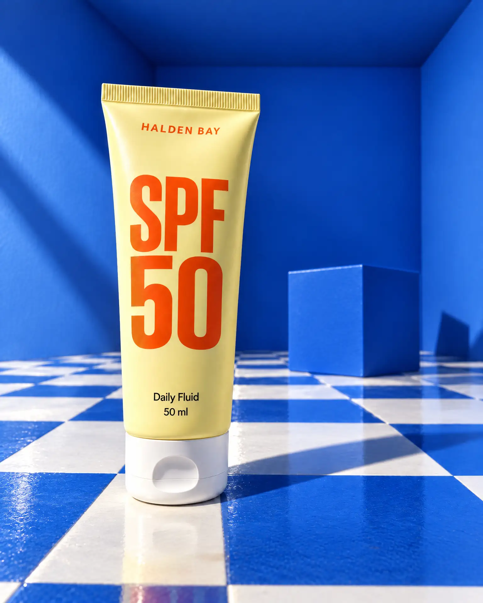 The yellow SPF 50 Fluid tube standing alone at Cobalt Room, no one in the shot.