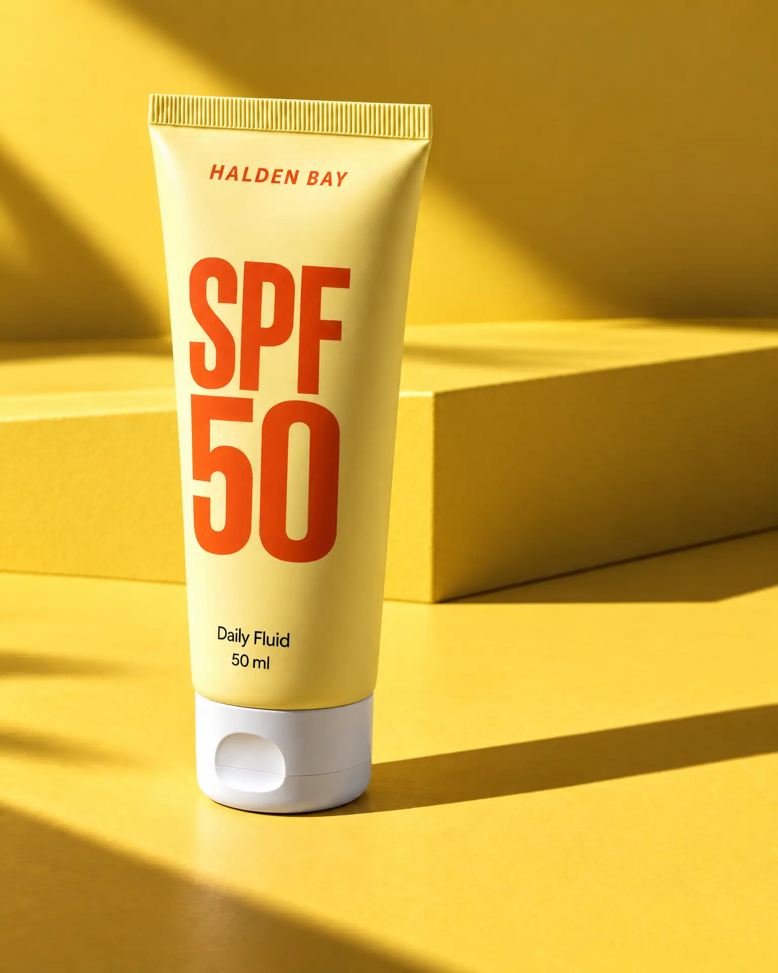 The yellow SPF 50 Fluid tube standing alone at Sun Color Field, no one in the shot.