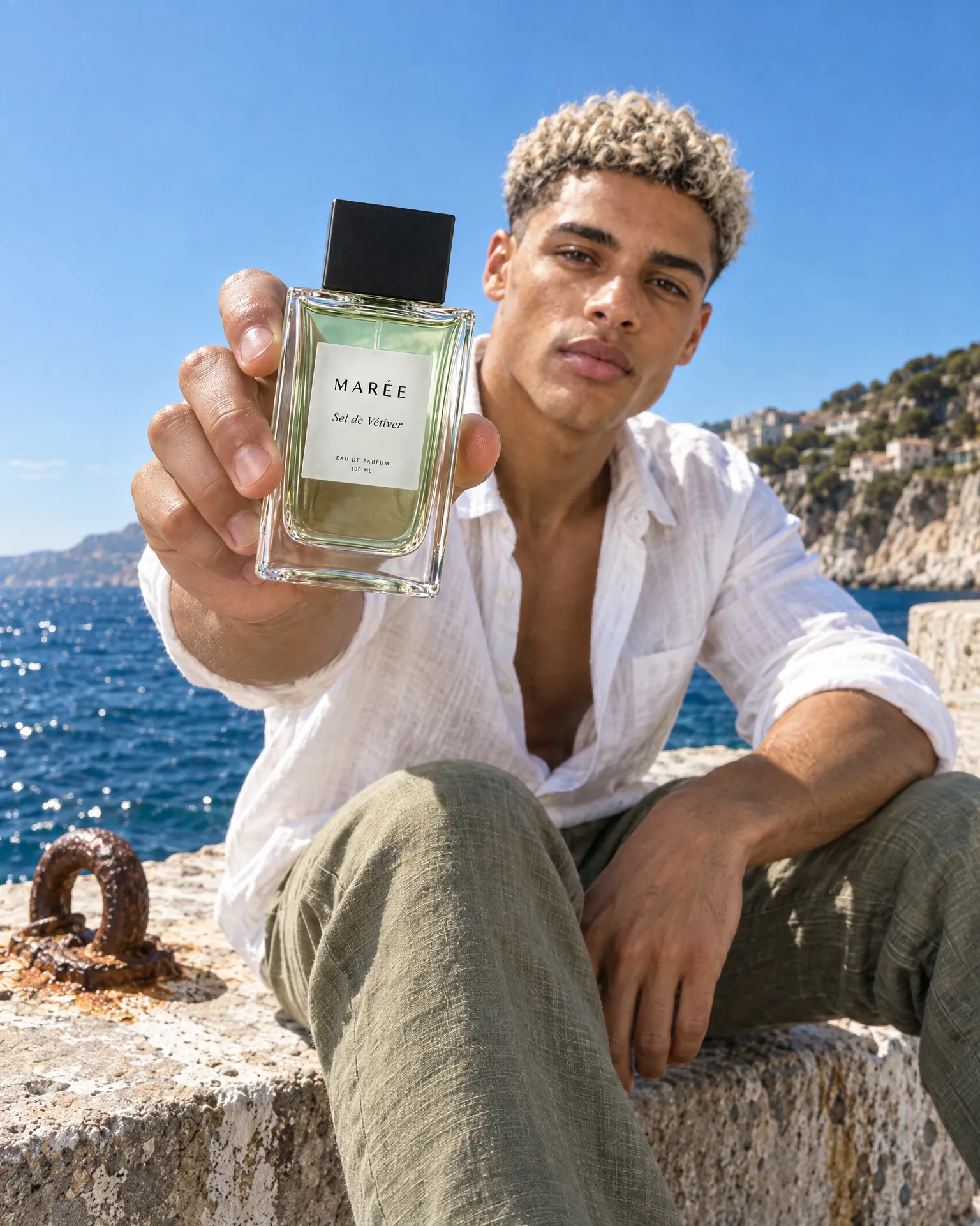 Nico sitting on a sea wall in a white linen shirt, holding a bottle of Marée Sel de Vétiver out toward the camera, the bottle sharp and his face soft behind it.